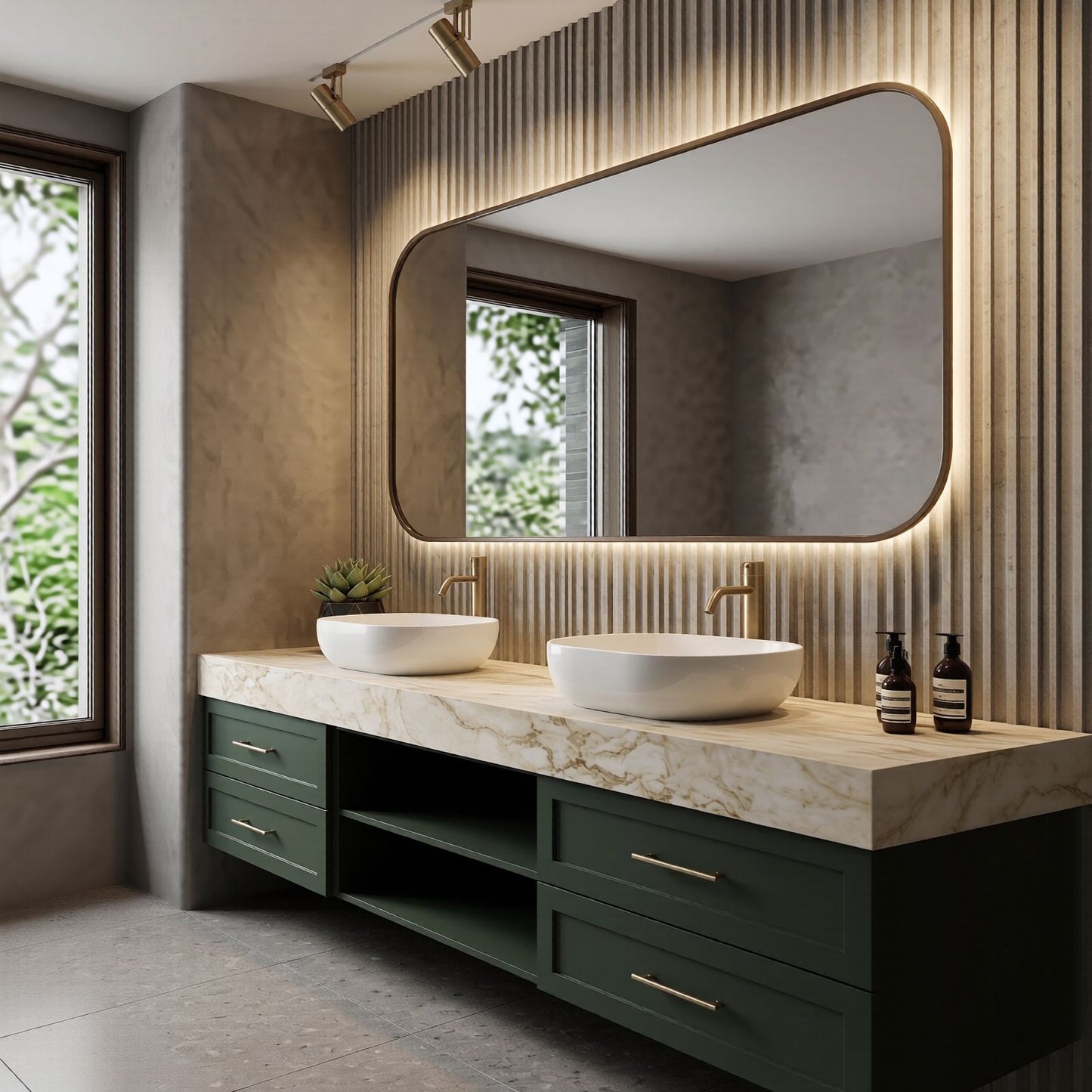 60''-96'' Modern Bathroom Vanity with Sink Double Sink Deep Green Marble Open Shelves