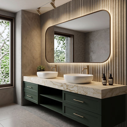 60''-96'' Modern Bathroom Vanity with Sink Double Sink Deep Green Marble Open Shelves