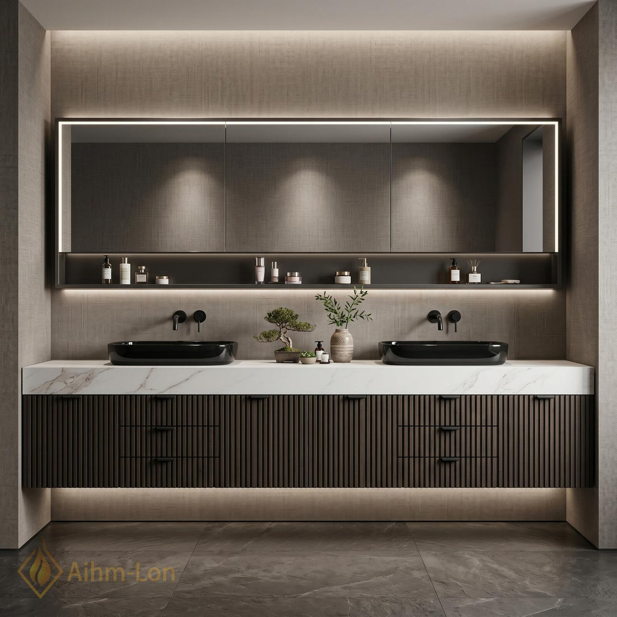60''-96'' Double Bathroom Vanity with Sink Modern Floating Dark Walnut Slatted Front