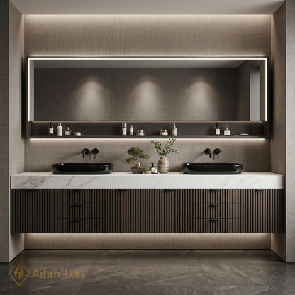 60''-96'' Double Bathroom Vanity with Sink Modern Floating Dark Walnut Slatted Front