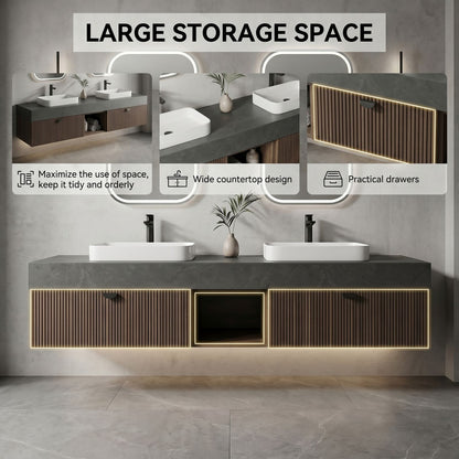 60''-96'' Modern Bathroom Vanity with Sink Double Sink Dark Stone Slatted Wood Open Shelf