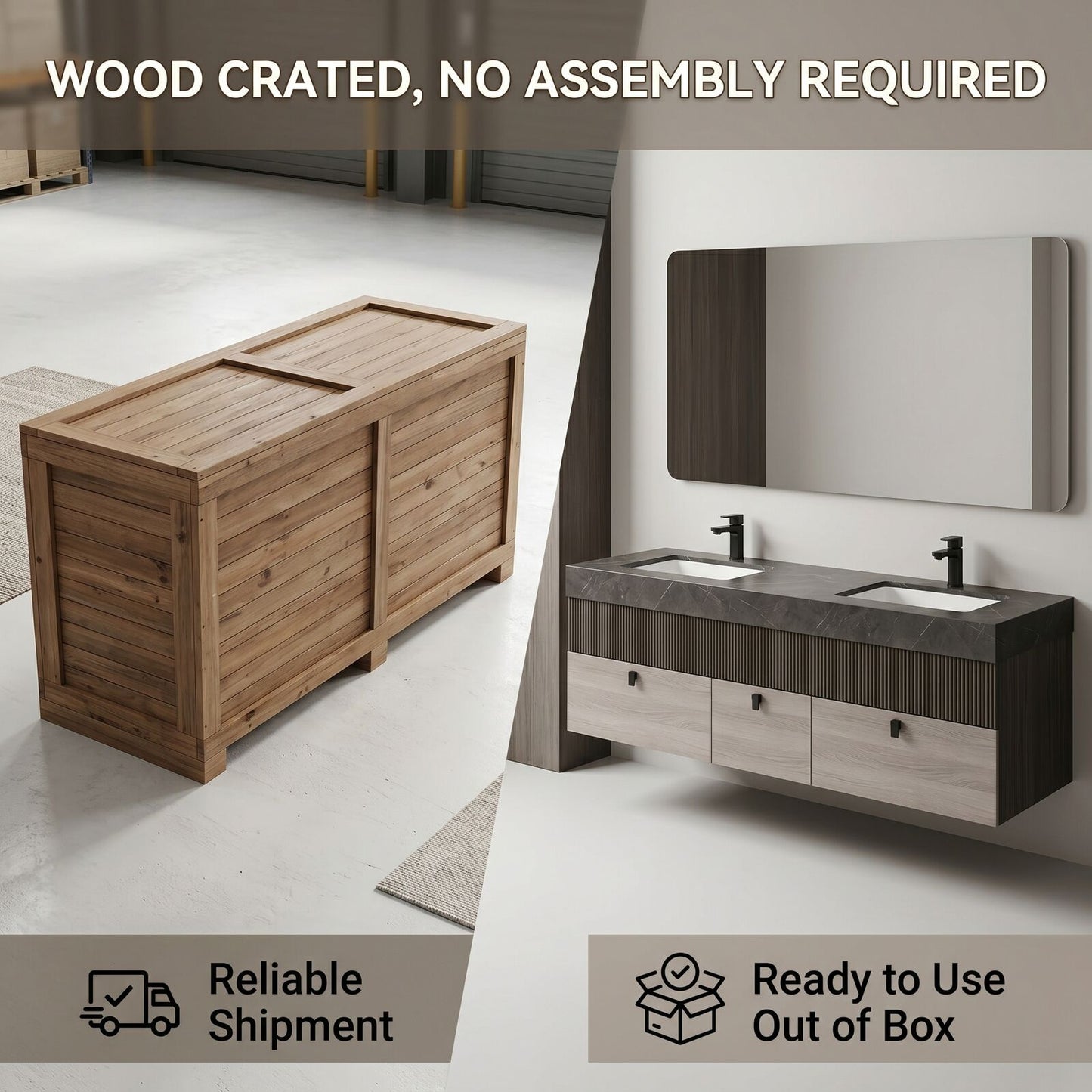 60''-96'' Double Bathroom Vanity with Sink Textured Slatted Front Light Wood Grain Cabinet