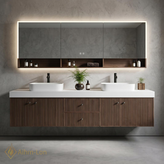 60''-96'' Double Bathroom Vanity with Sink Sleek Floating Vertical Slats Modern Setup