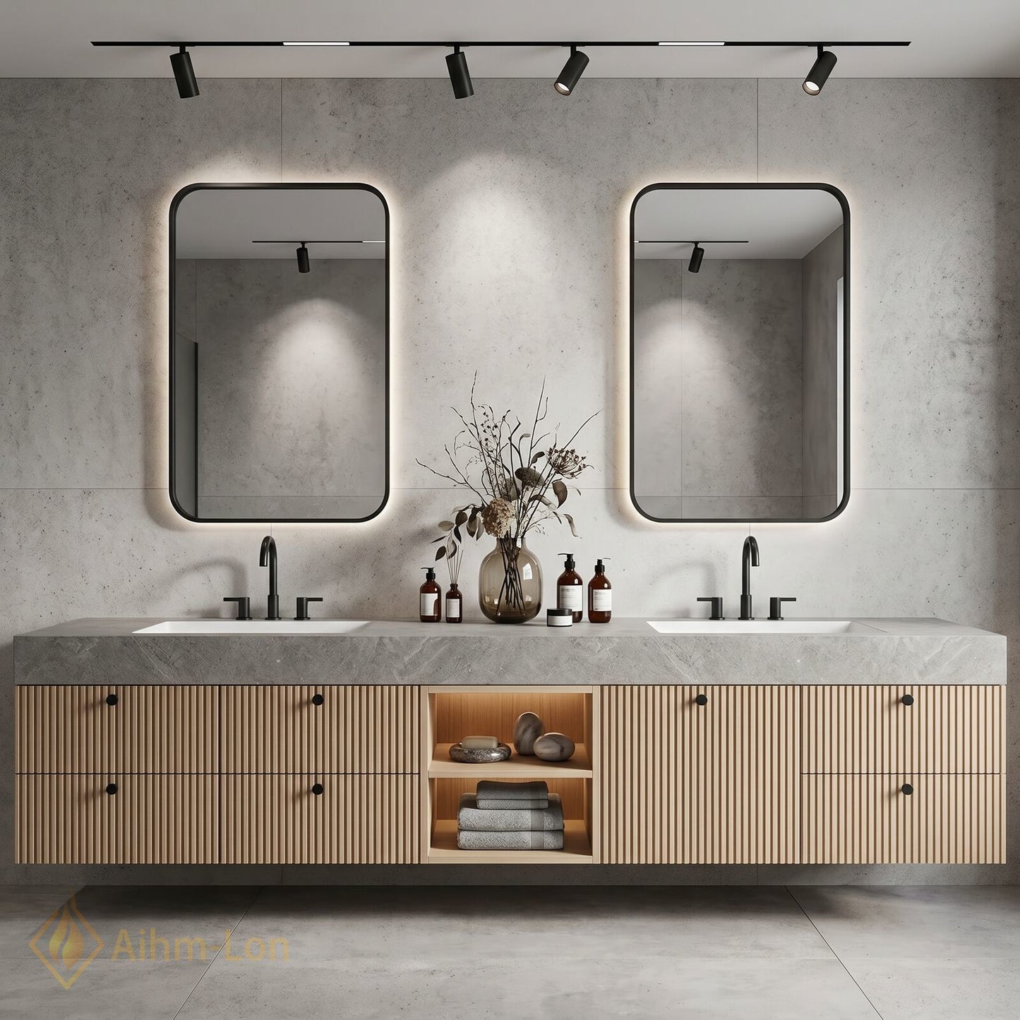 76''-96'' Double Bathroom Vanity with Sink Grey Floating Modern Stone-Top Vanities Slat