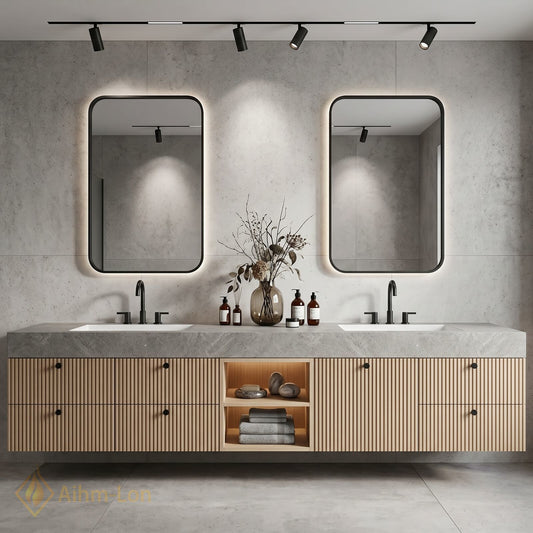 76''-96'' Double Bathroom Vanity with Sink Grey Floating Modern Stone-Top Vanities Slat
