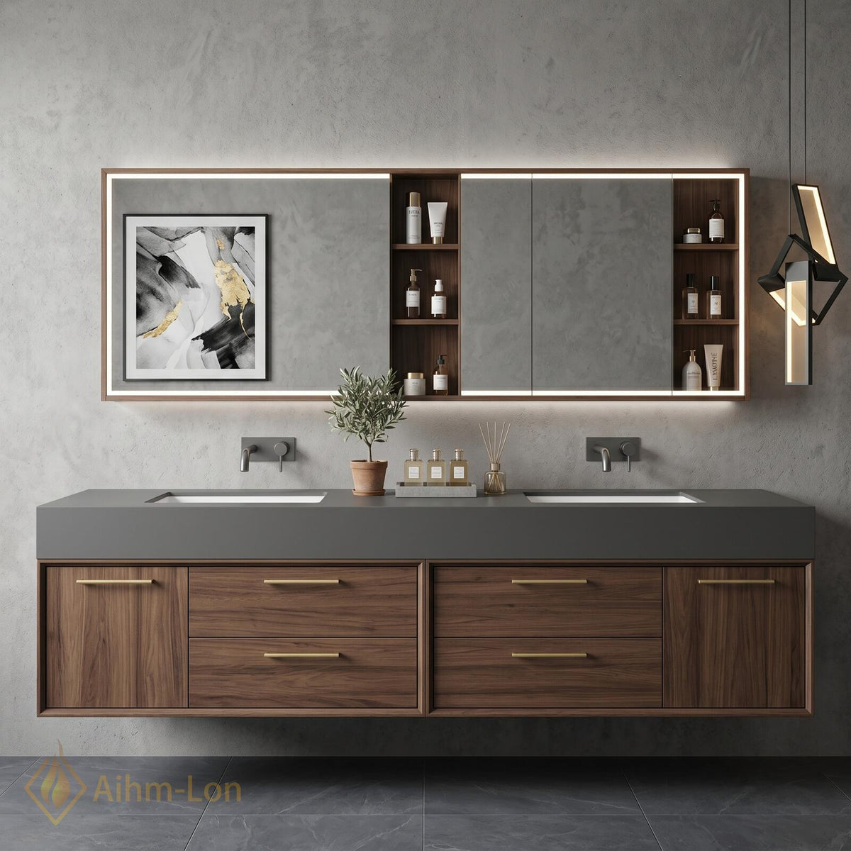 60''-96'' Double Bathroom Vanity with Sink Floating Warm Wood-Grain Finish Drawer Unit