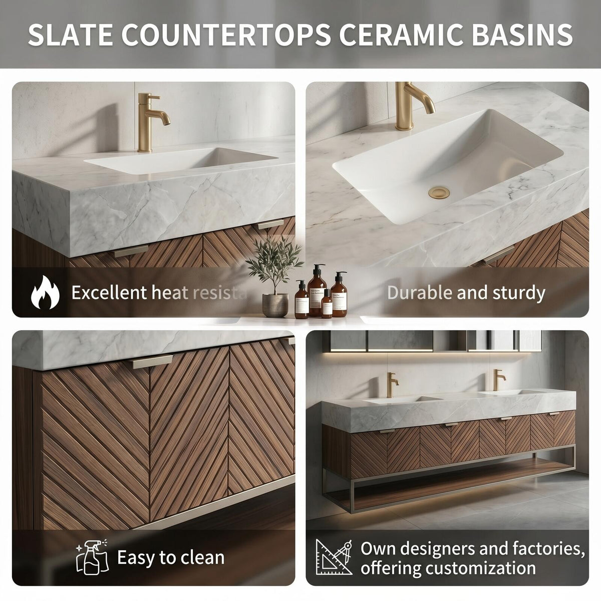60''-96'' Double Bathroom Vanity with Sink Modern Floating Herringbone Wood Marble Texture