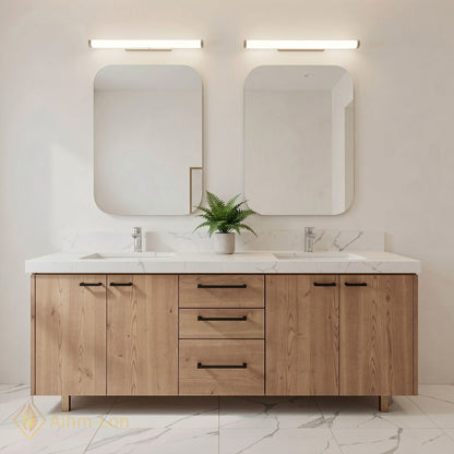60''-96'' Modern Bathroom Vanity with Sink Marble Gold Wood Floating Drawers