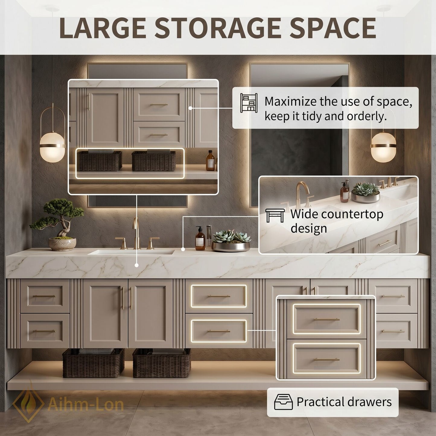 76''-96'' Double Bathroom Vanity with Sink Solid Wood Panels Floating Frame Open