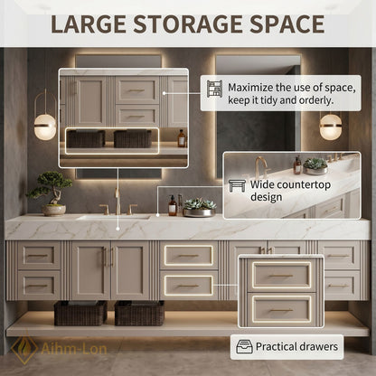76''-96'' Double Bathroom Vanity with Sink Solid Wood Panels Floating Frame Open