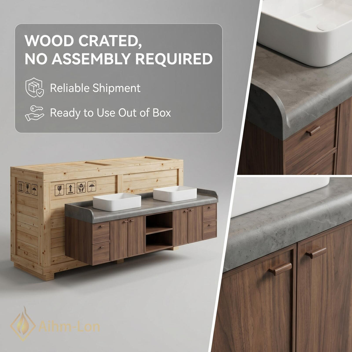 60''-96'' Double Bathroom Vanity with Sink Modern Floating Dark Wood Grain Open Shelving