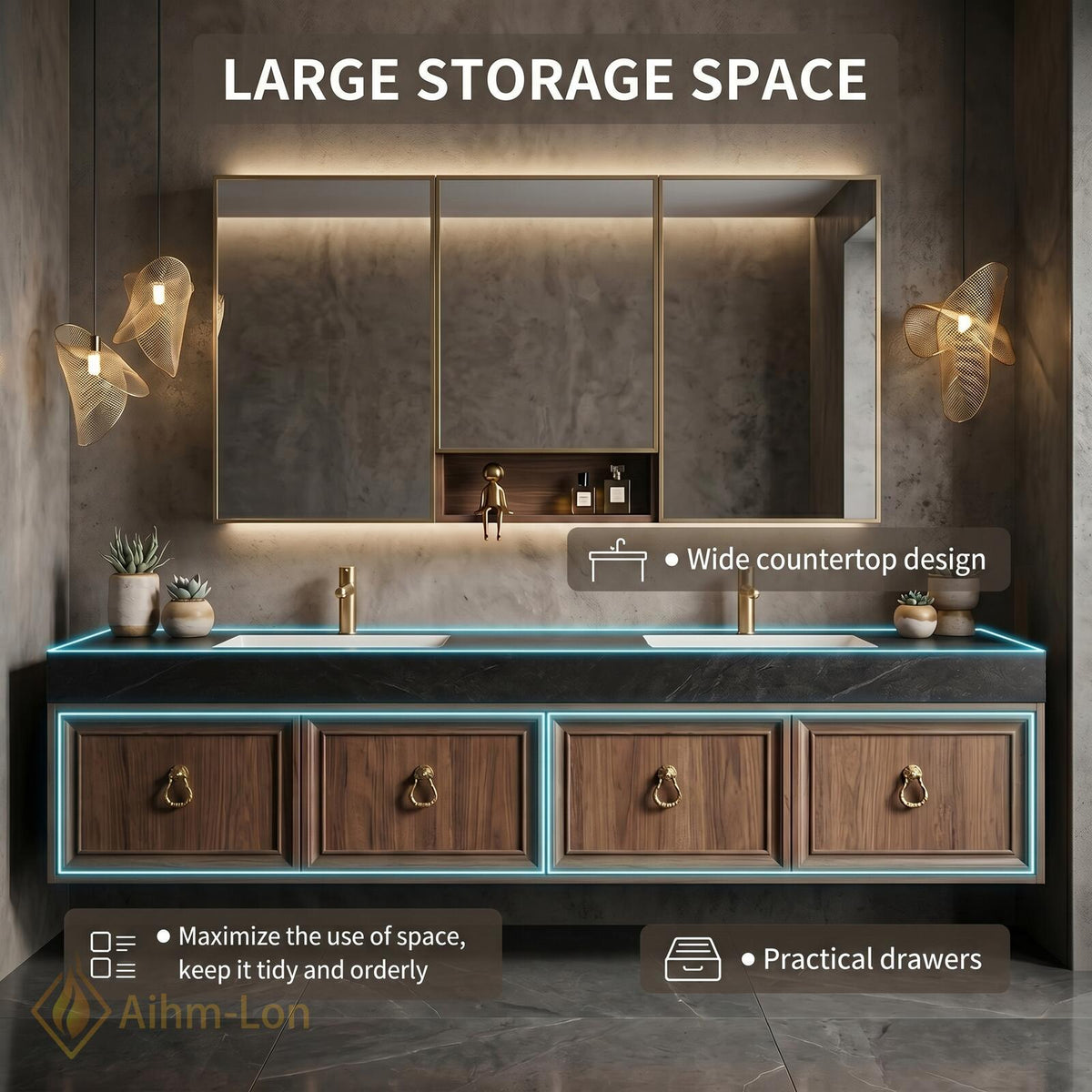 60''-96'' Bathroom Vanity with Sink Floating Slatted Panel Front Dark Walnut Finish