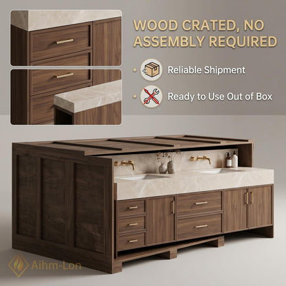 70''-96'' Double Bathroom Vanity with Sink Floating Stone Marble-Top Storage Drawers