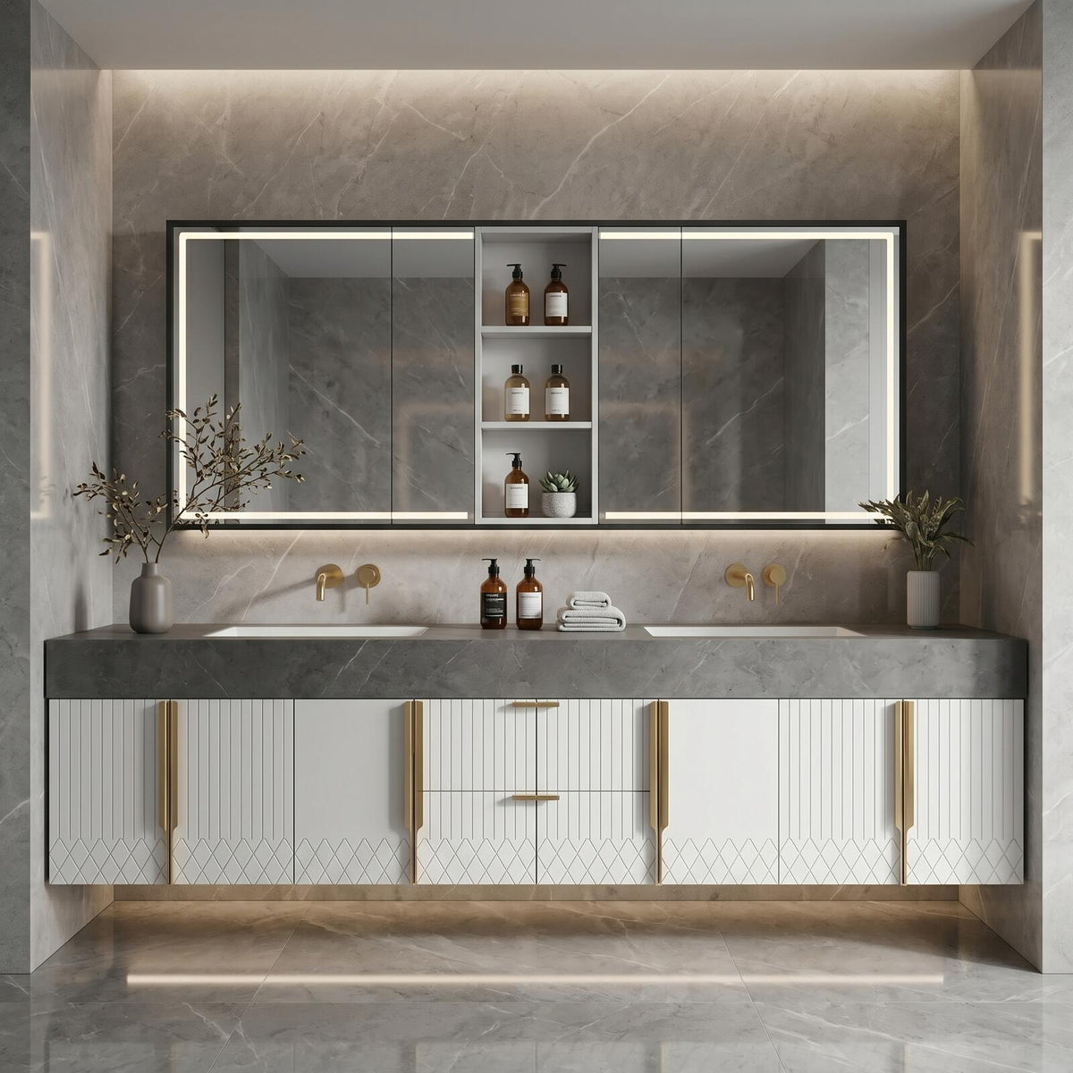 60''-96'' Double Bathroom Vanity with Sink Modern Floating Grey Marble White Vertical Stripe
