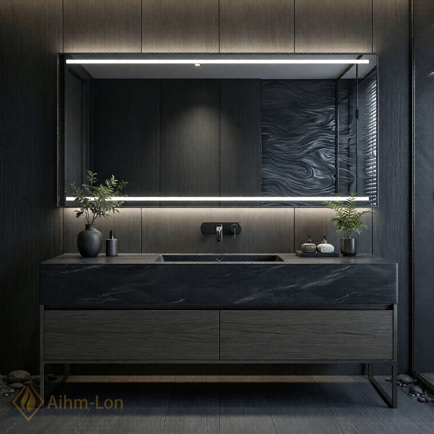 36''-64'' Modern Bathroom Vanity with Sink Grey Stone Veining Wood Grain Base