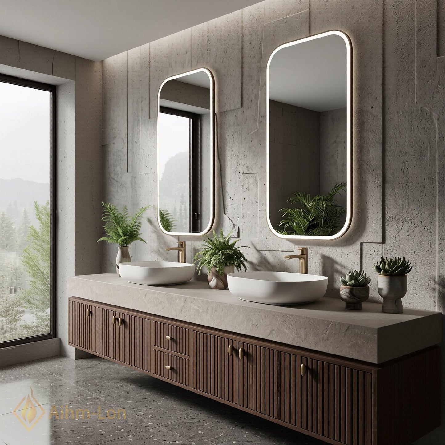 76''-96'' Double Bathroom Vanity with Sink Modern Slatted Wooden Doors Marble Top