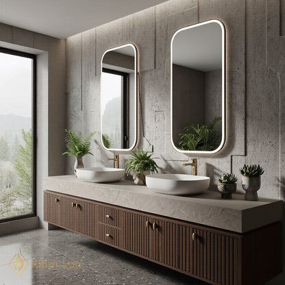 76''-96'' Double Bathroom Vanity with Sink Modern Slatted Wooden Doors Marble Top