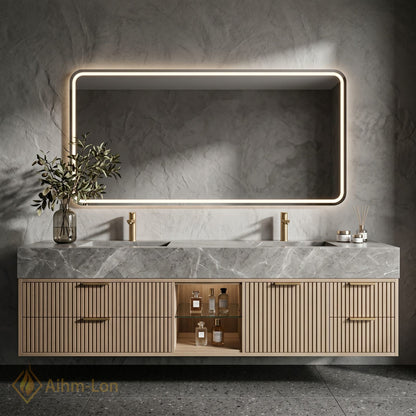 76''-96'' Double Bathroom Vanity with Sink Ridged Panel Front Grey Marble Top