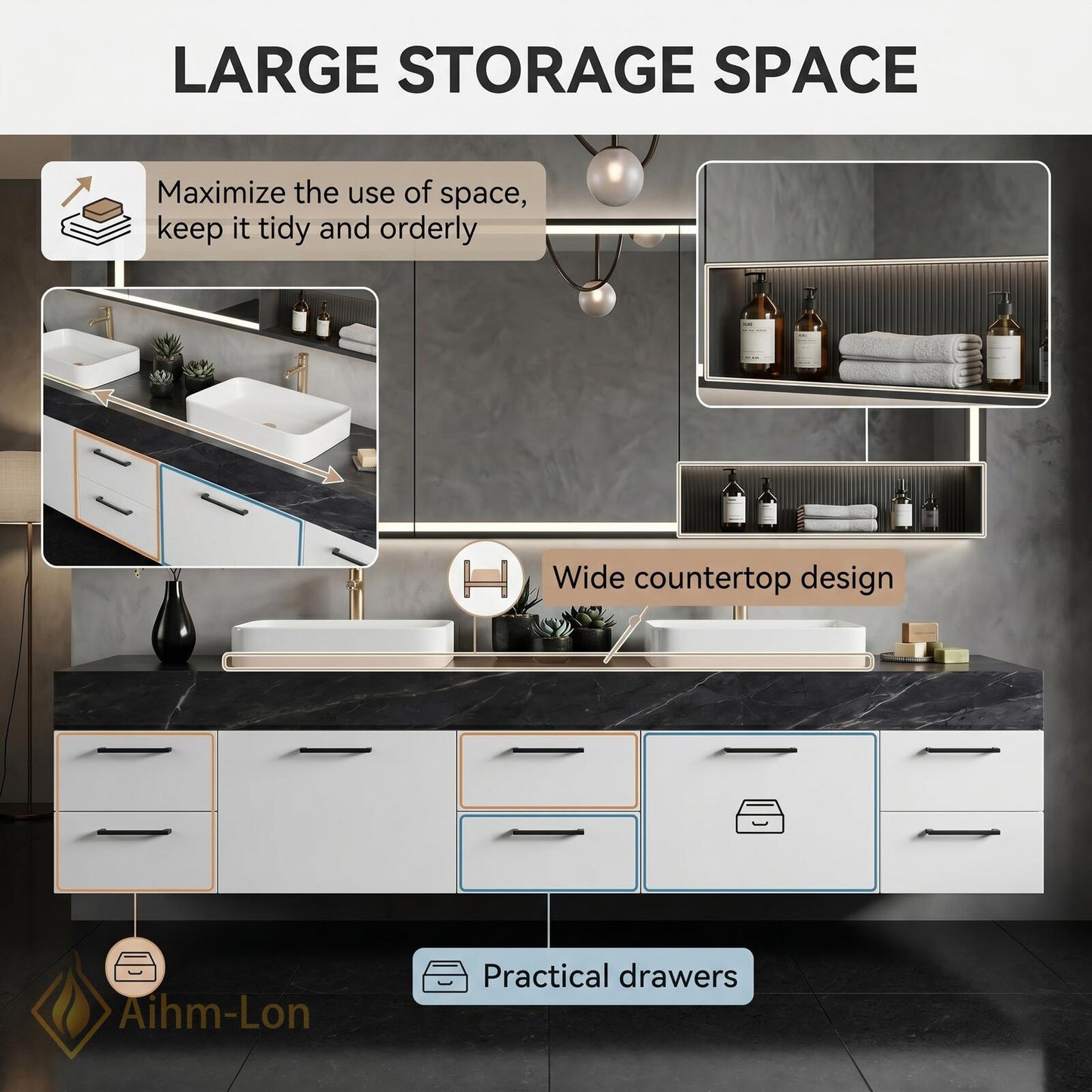 72''-96'' Double Bathroom Vanity with Sink White Dark Modern Floating Stone-Top