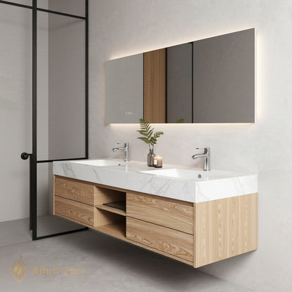 60''-96'' Double Bathroom Vanity with Sink White Marble Top Two Large Drawers Cabinet