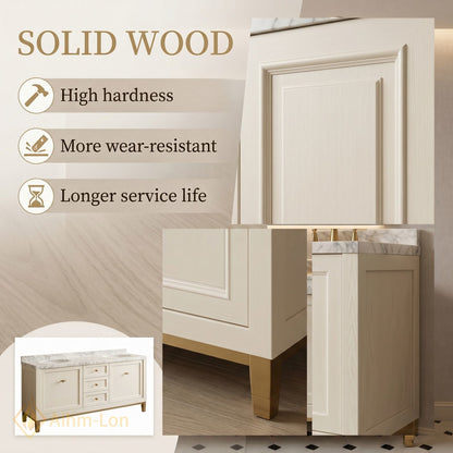 60''-96'' Modern Bathroom Vanity with Sink White Shaker Marble Gold Hardware Drawers