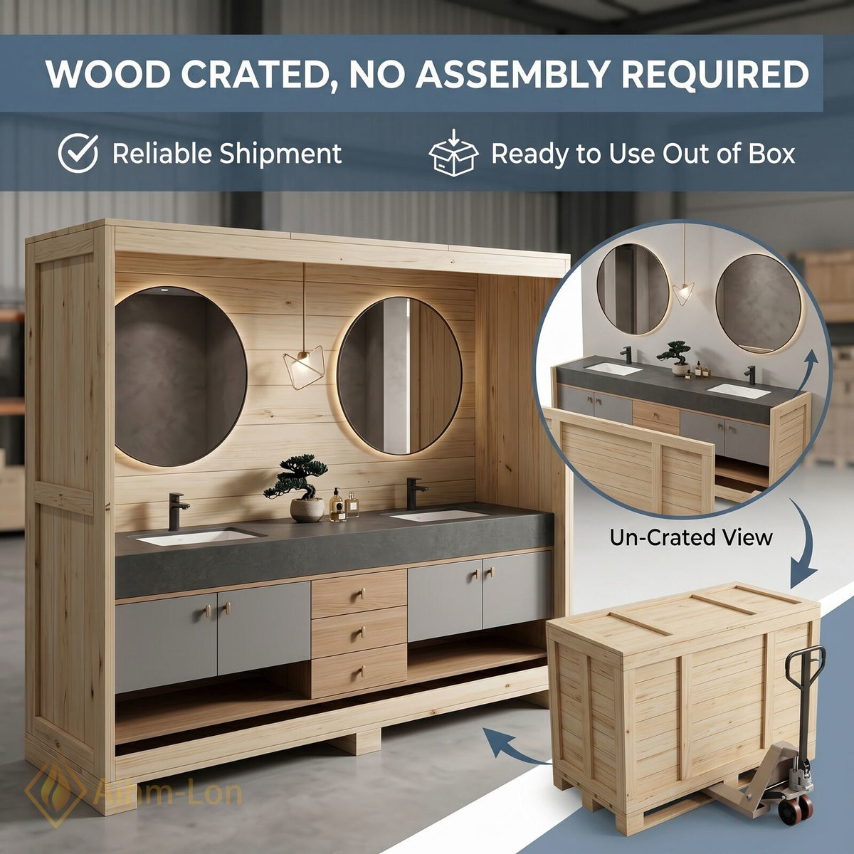 60''-96'' Double Bathroom Vanity with Sink Grey Lacquer Doors Open Shelving Base
