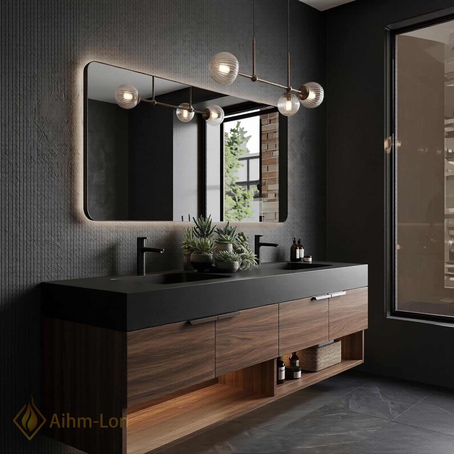 60''-96'' Double Bathroom Vanity with Sink Dark-Wood Modern Floating Slatted-Panels