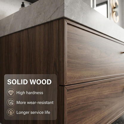 60''-96'' Modern Bathroom Vanity with Sink Dual Basins Wide Stone Dark Wood Drawers Cabinet