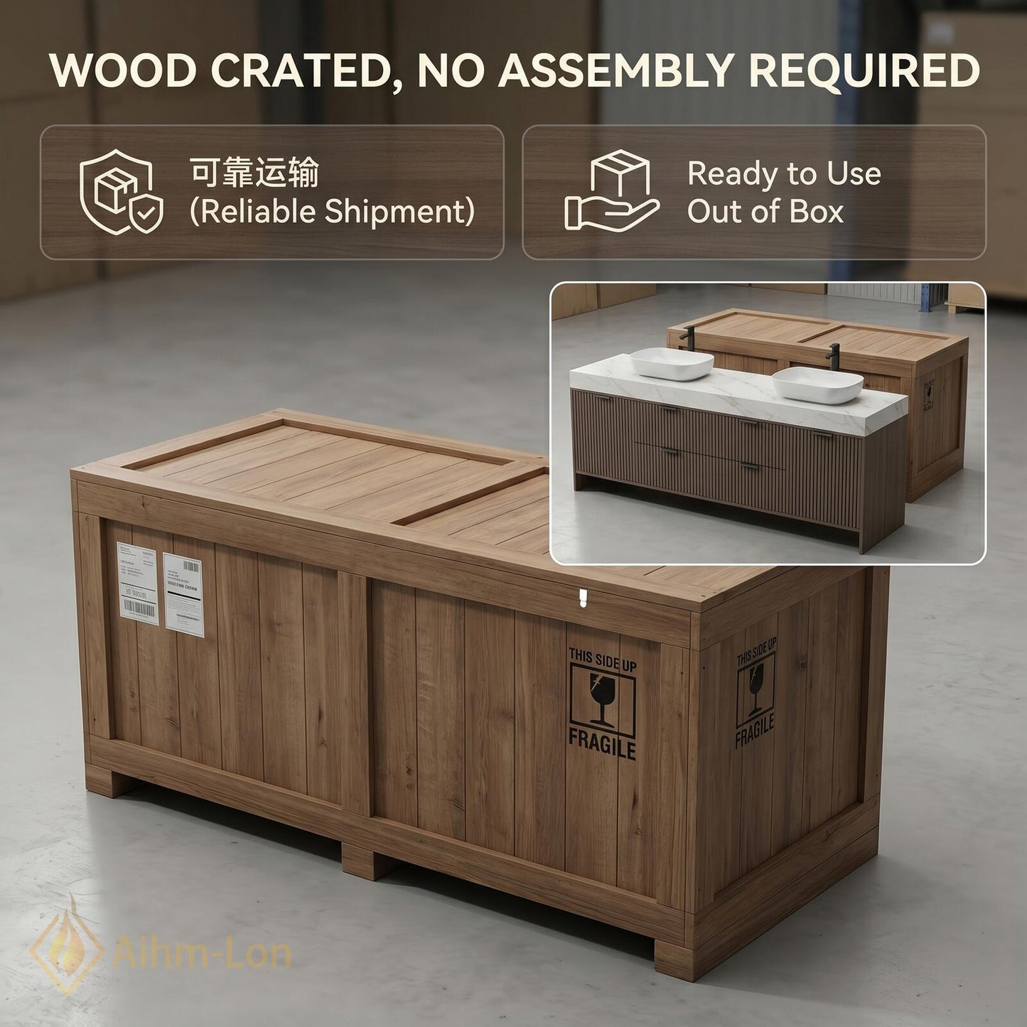 72''-96'' Double Bathroom Vanity with Sink Dark-Wood Modern Slatted Open Drawer