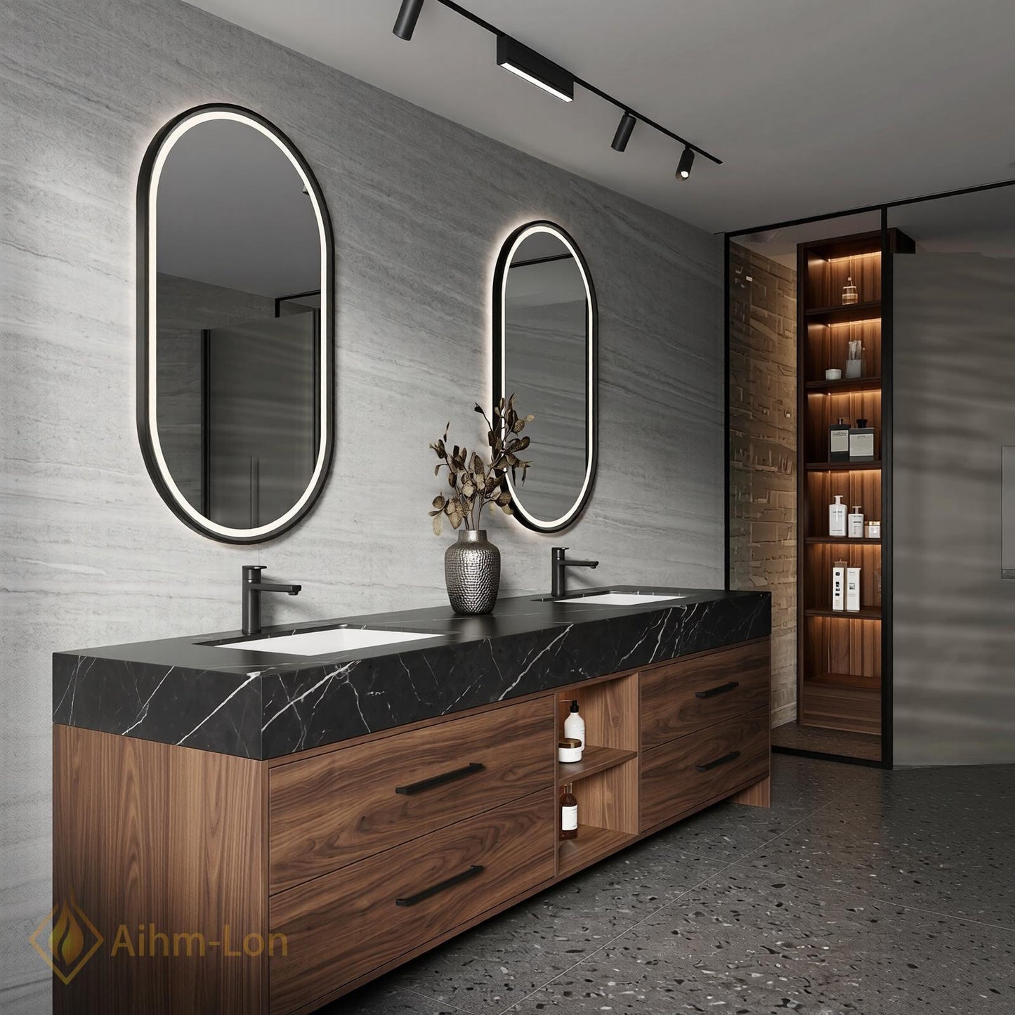 60''-96'' Double Bathroom Vanity with Sink Dark-Walnut Modern Floating Slatted Center Panel