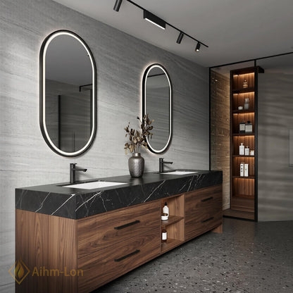 60''-96'' Double Bathroom Vanity with Sink Dark-Walnut Modern Floating Slatted Center Panel