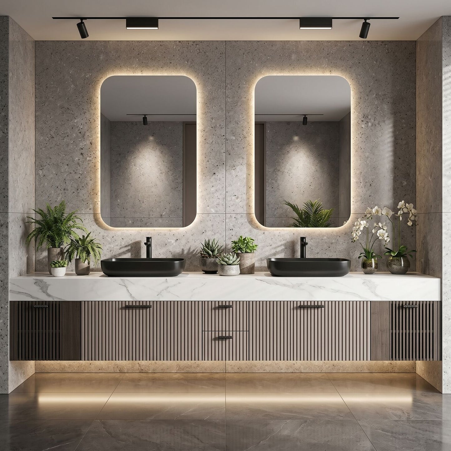 70''-96'' Floating Bathroom Vanity with Sink Double Sink Marble Veined Slatted Front Cabinet
