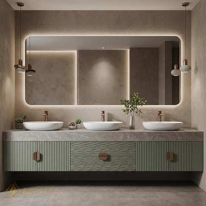 78''-96'' Triple Bathroom Vanity with Sink Sage-Green Floating Fluted Recessed Basin Panels