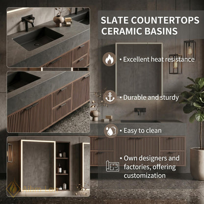 70''-96'' Modern Double Bathroom Vanity with Sink Floating Dark Wood Ridged Doors