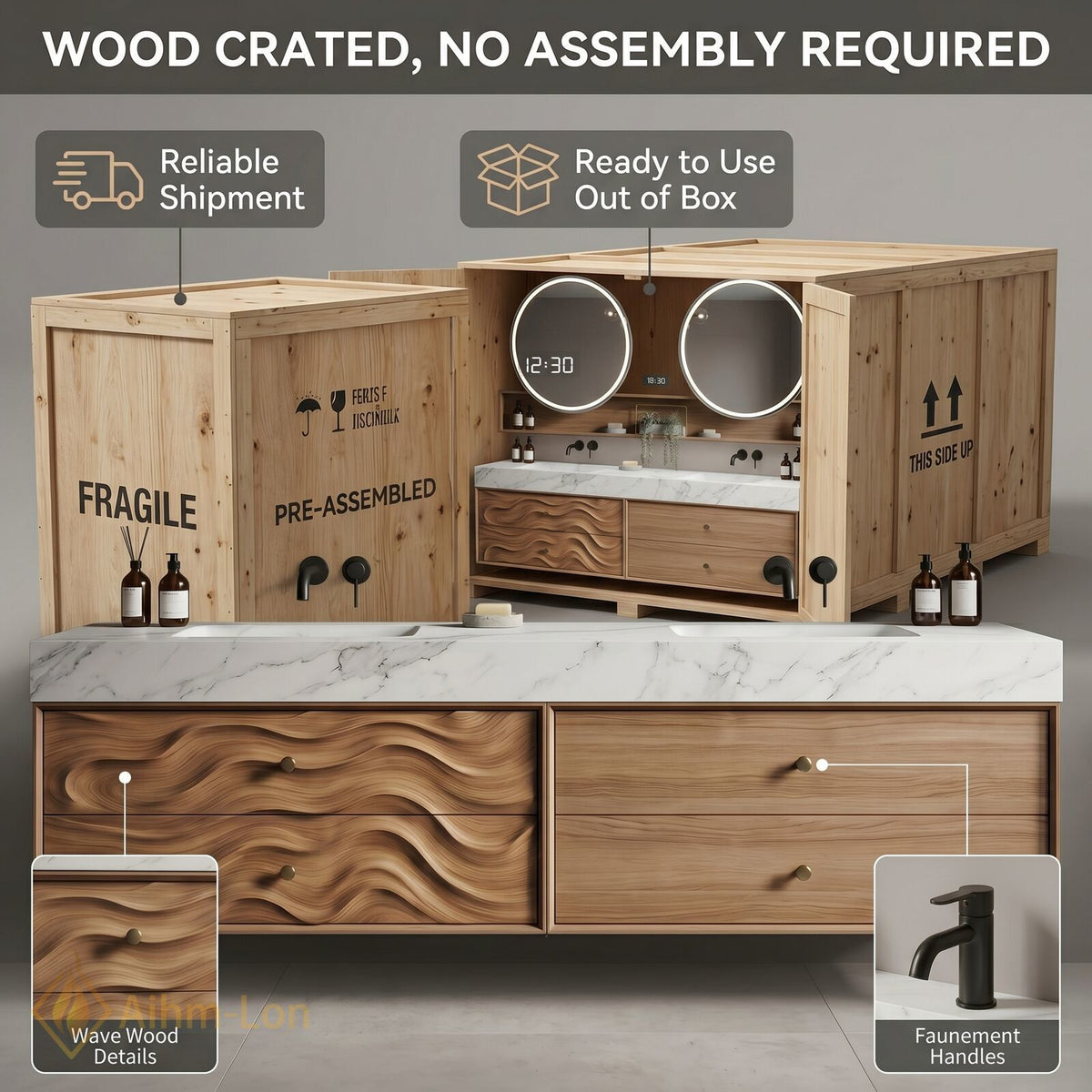 60''-96'' Double Bathroom Vanity with Sink Wavy Wood Panels Open Mirror Shelves