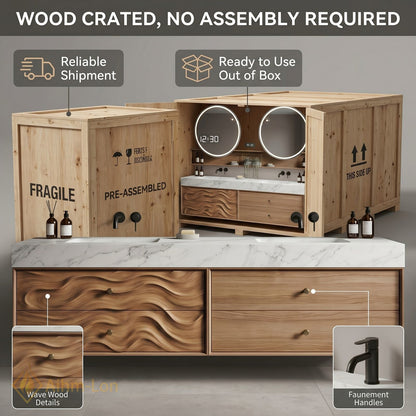 60''-96'' Double Bathroom Vanity with Sink Wavy Wood Panels Open Mirror Shelves