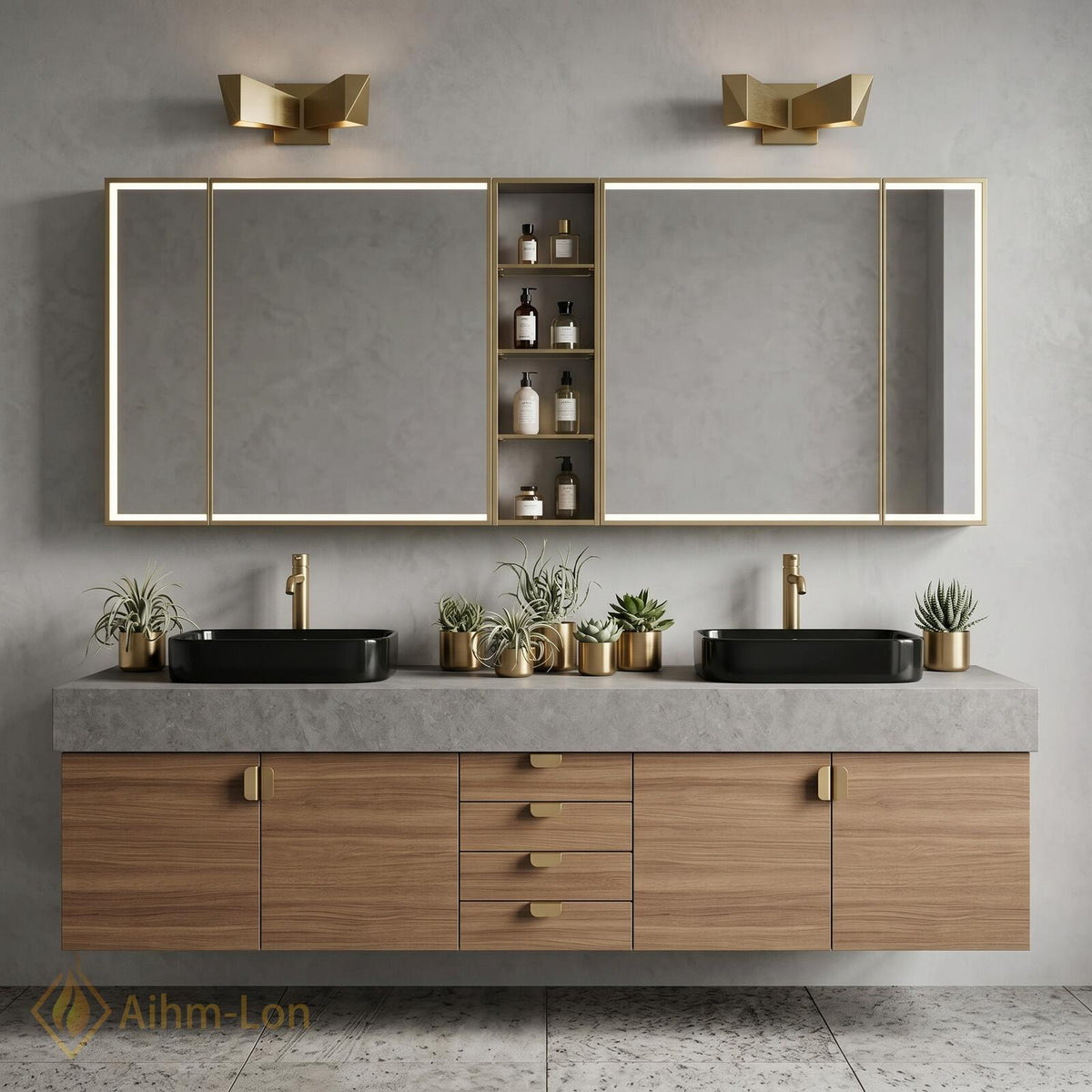60''-96'' Double Bathroom Vanity with Sink Floating Grey Stone-Effect Wood Grain Cabinetry