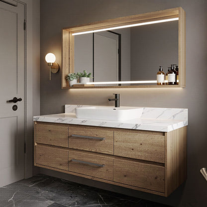 36''-64'' Floating Bathroom Vanity with Sink Wall-Mounted Wooden Marble Stone LED Mirror