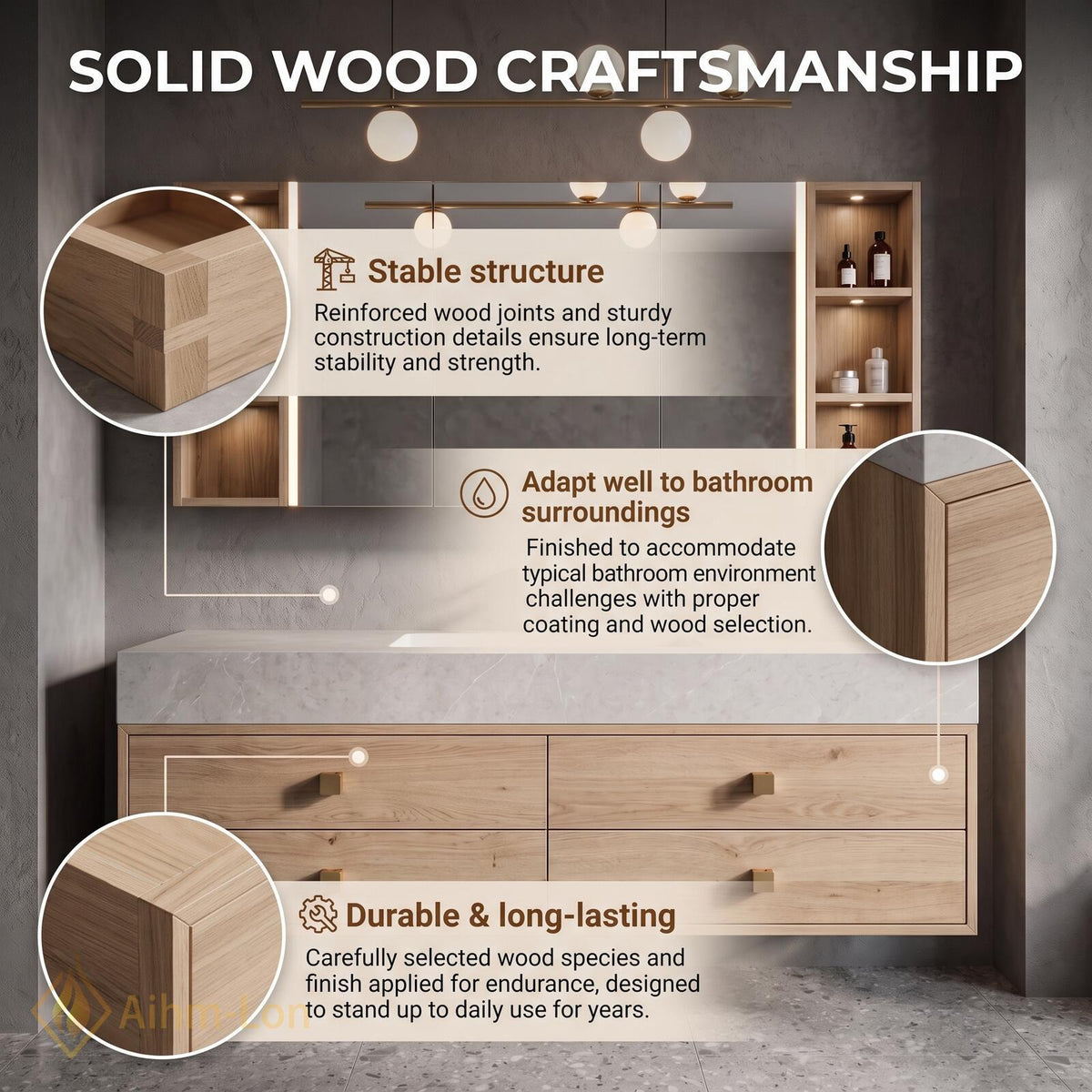 36''-110'' Floating Bathroom Vanity with Sink Wall-Mounted Design Light Wood Grain