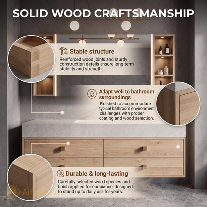 36''-110'' Floating Bathroom Vanity with Sink Wall-Mounted Design Light Wood Grain