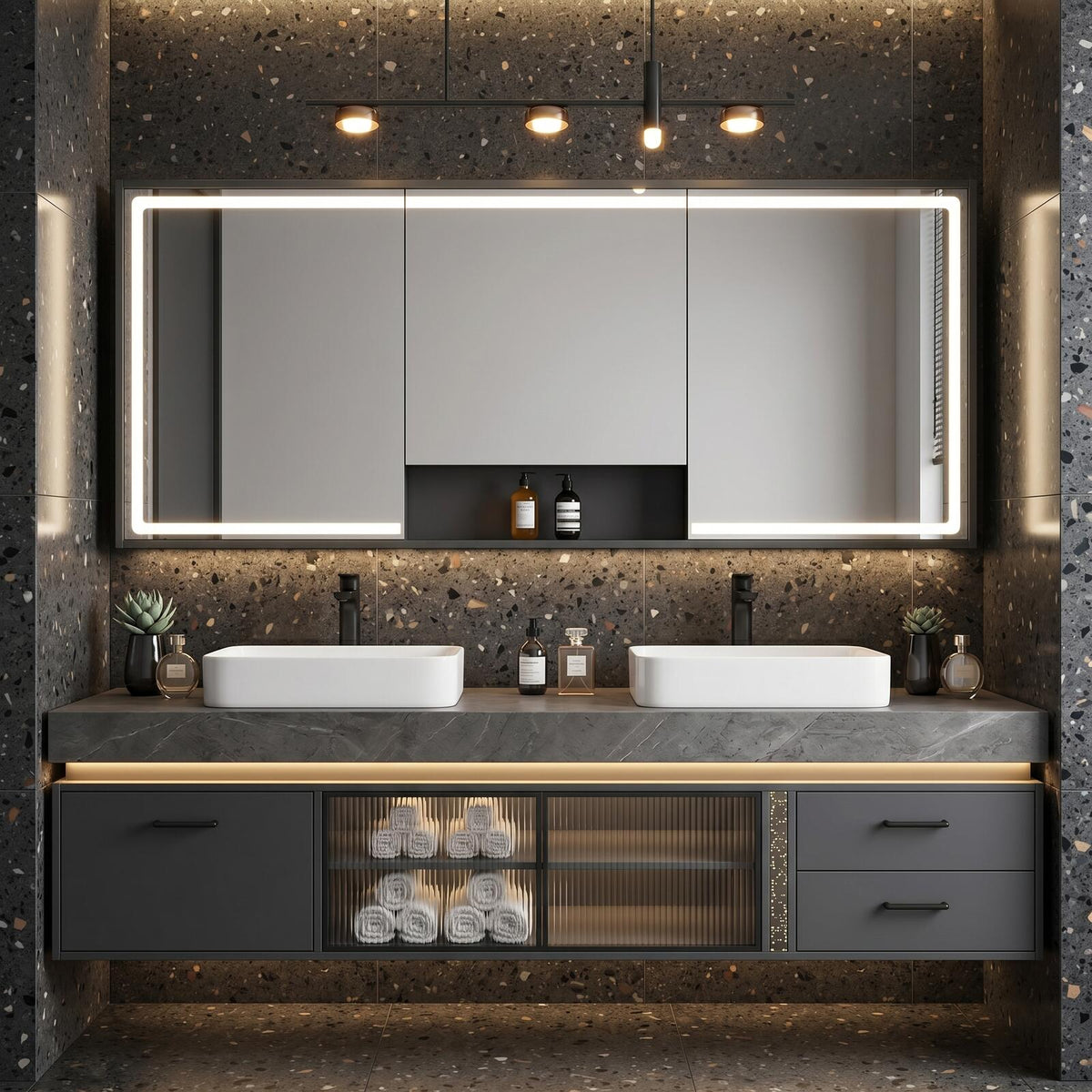 60''-96'' Double Bathroom Vanity with Sink Modern Floating Charcoal Gray Matte Ribbed Glass