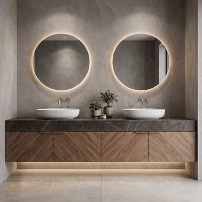 60''-96'' Double Bathroom Vanity with Sink Herringbone Wood Panels Dark Stone Countertop