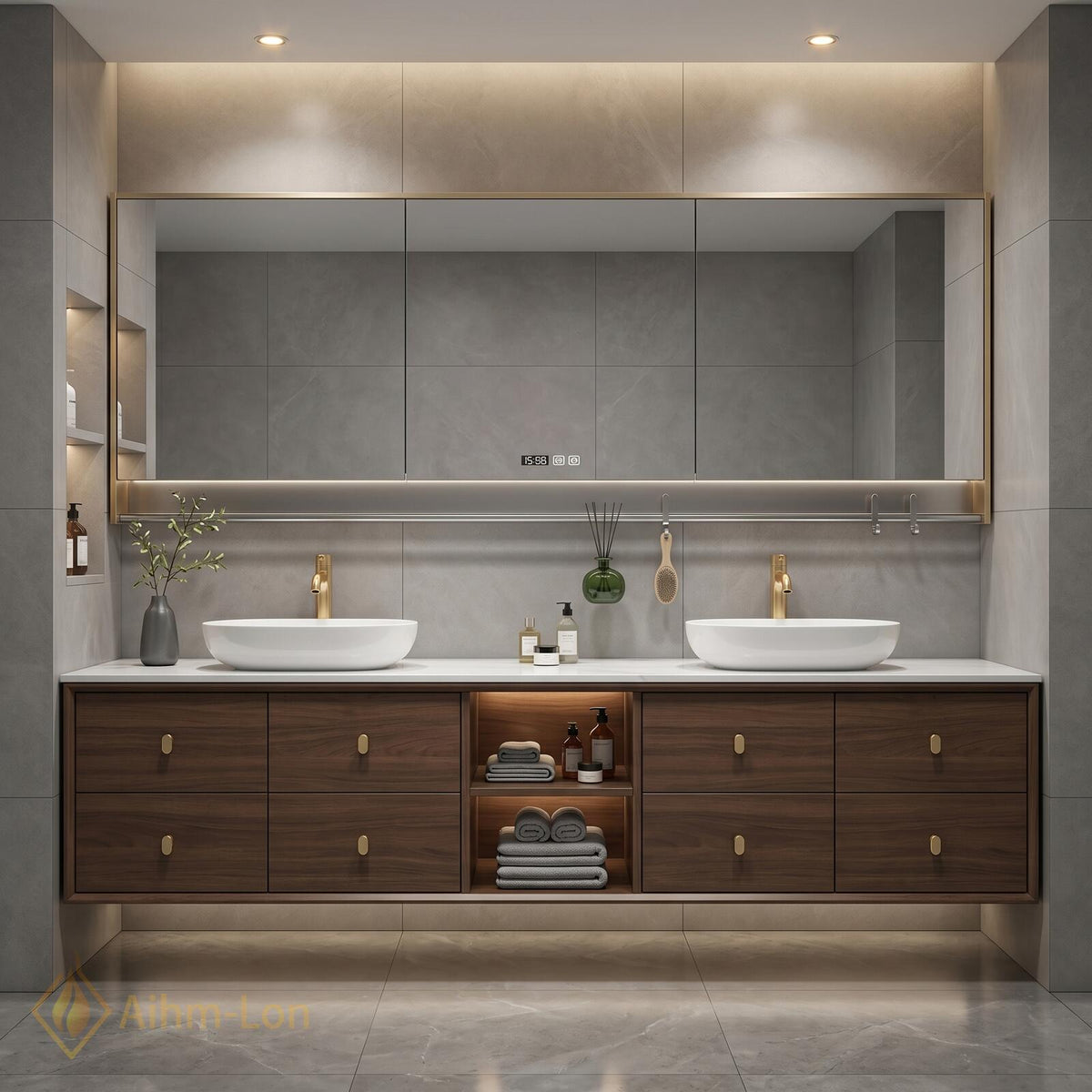 60''-96'' Bathroom Vanity with Sink Modern Floating 2 Users Open Center Shelves
