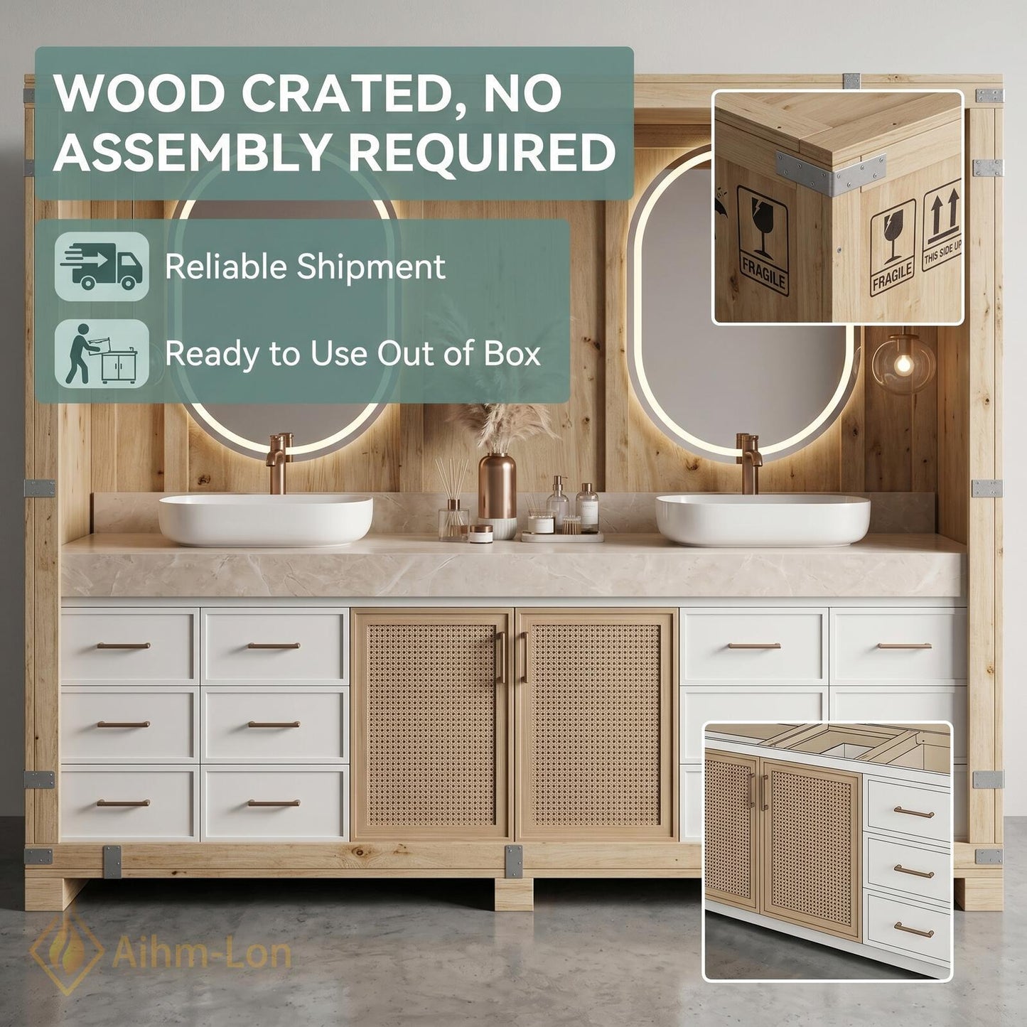 78''-96'' Double Bathroom Vanity with Sink White Modern Floating Door Drawer Storage