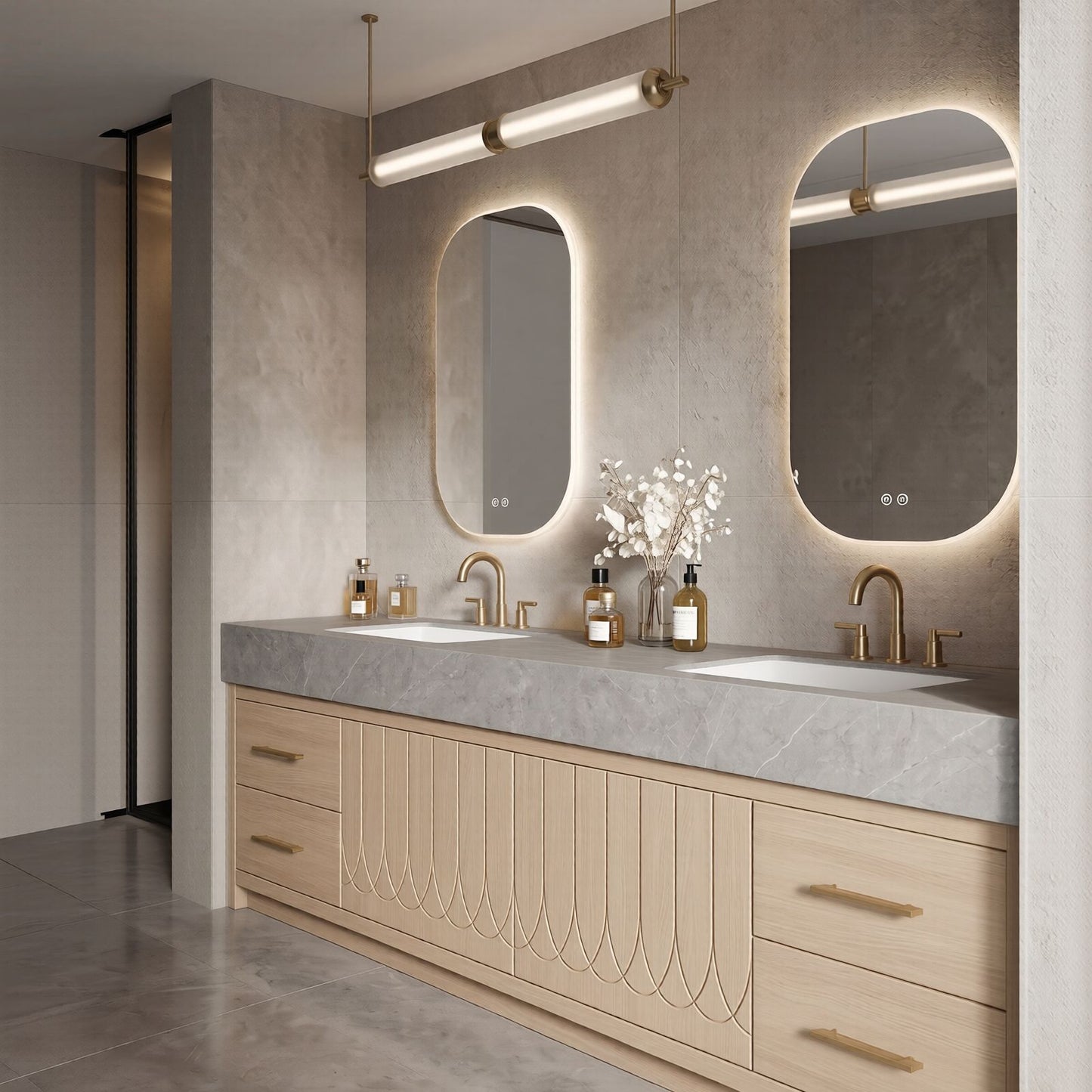 60''-96'' Elegant Bathroom Vanity with Sink Double Sink Wood Grain Stone Pattern Curved Doors