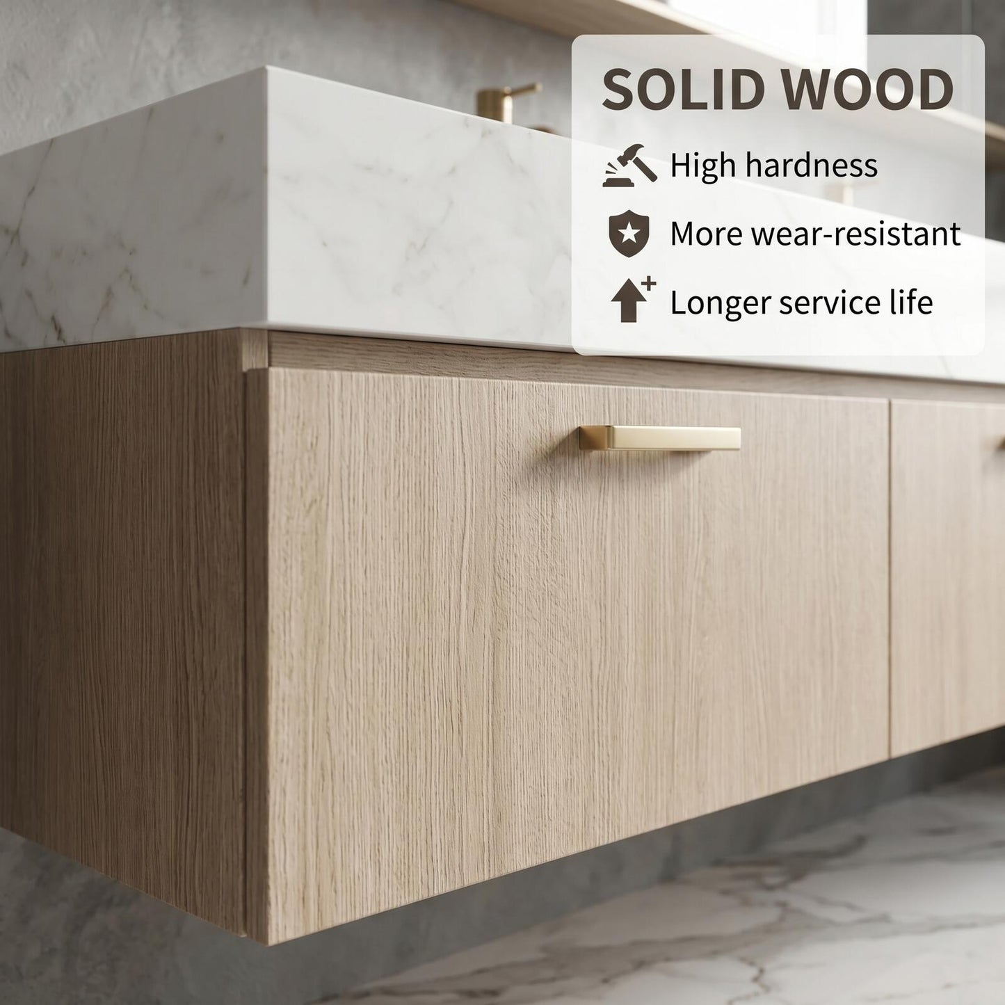 70''-96'' Modern Bathroom Vanity with Sink Floating Double White Marble Oak Wood