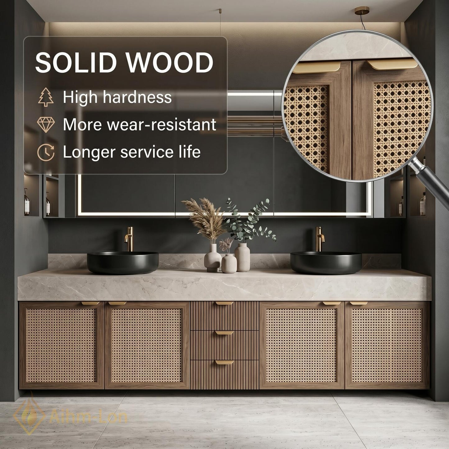 70''-96'' Double Bathroom Vanity with Sink Dark Walnut Finish Rattan Slatted Center