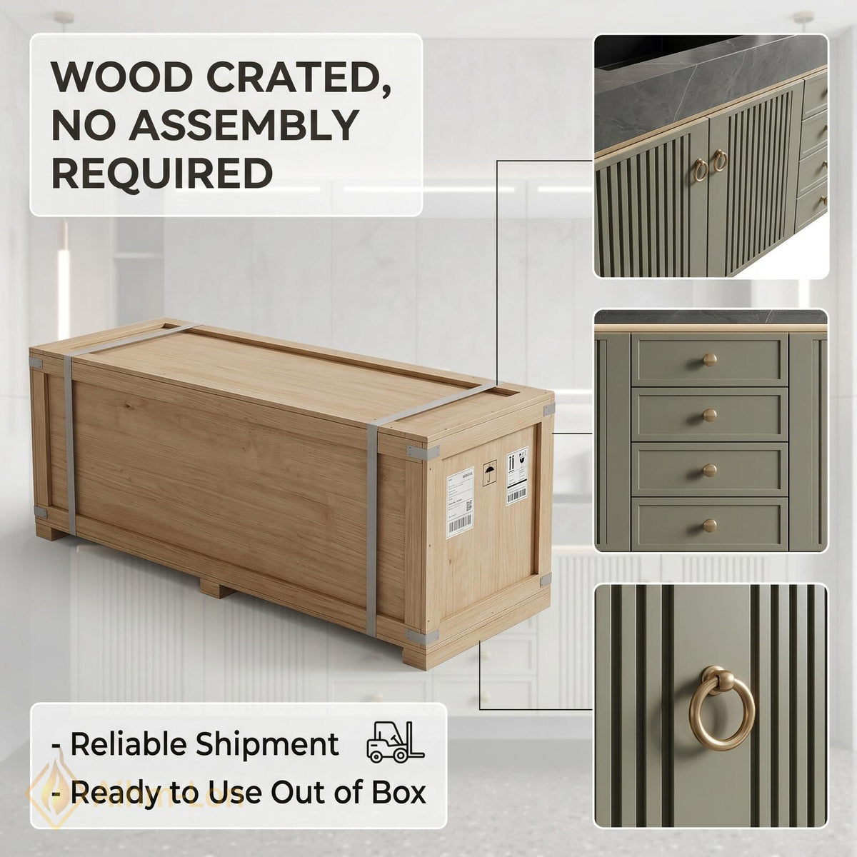60''-96'' Double Bathroom Vanity with Sink Fluted Panel Doors Olive Green Finish