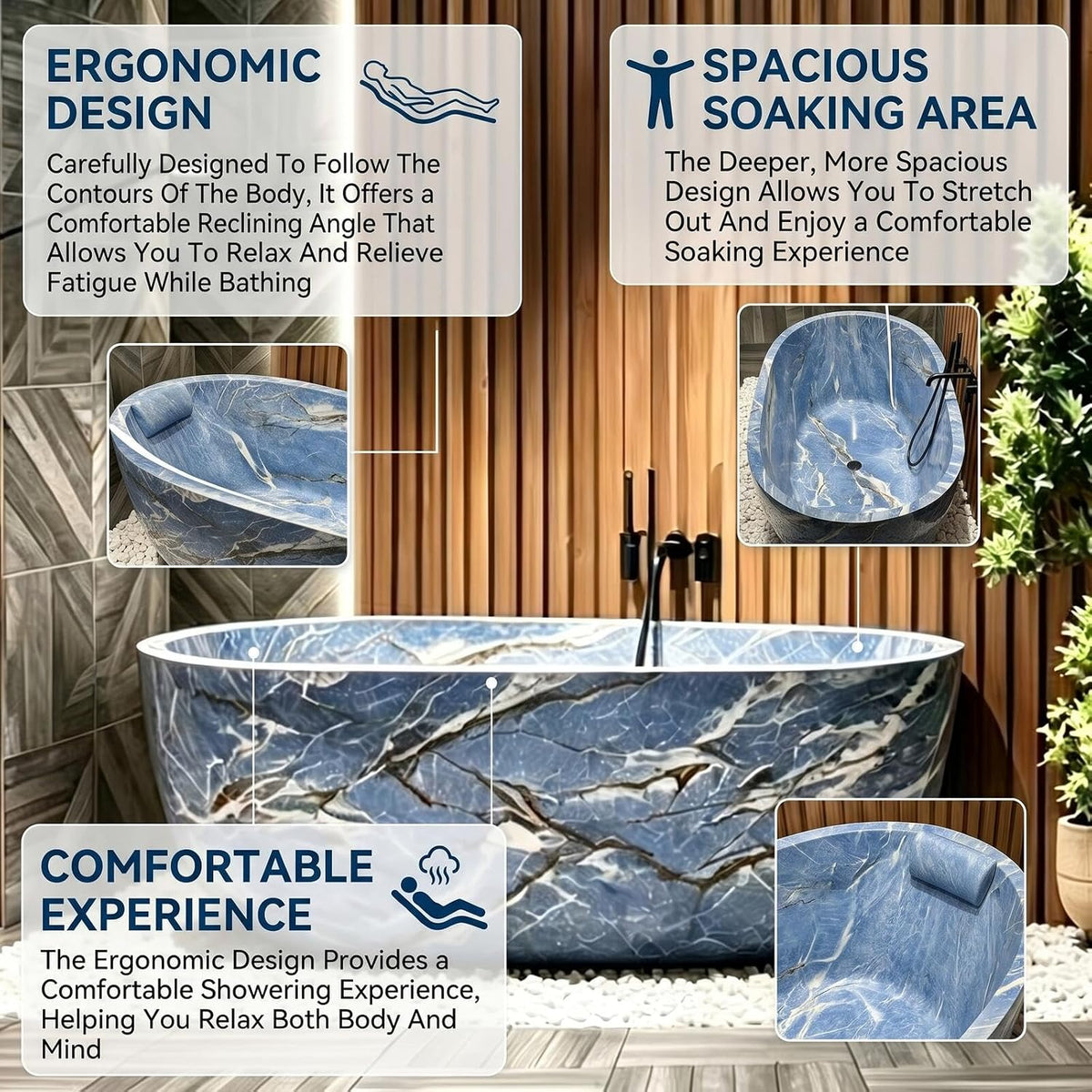 Aihm-Lon Freestanding Bathtubs - Modern Bathtub with Blue Marble Finish