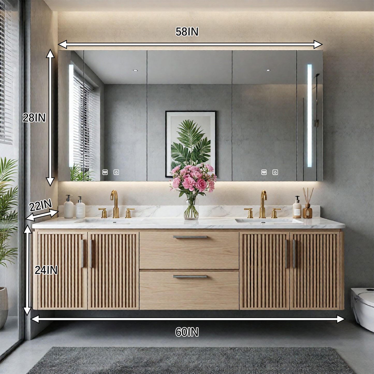 60"-96"Wooden Modern Bathroom Vanity with Slatted Doors, Marble-Effect Top